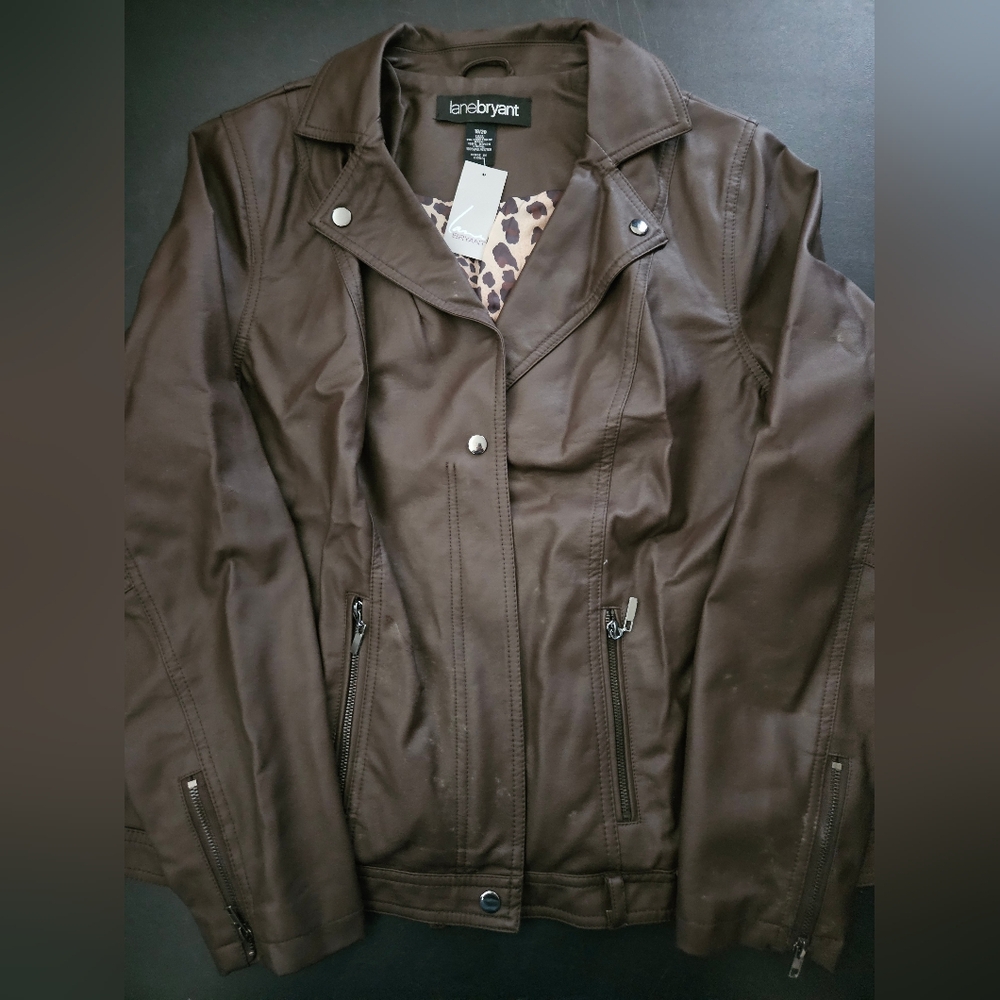 NWT - Lane Bryant Brown Faux Leather Moto Jacket - Size 18/20